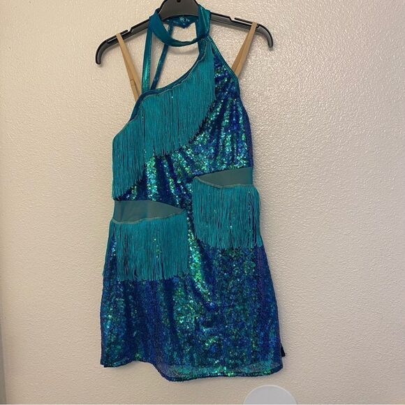 Revolution 10th House Dance Costume teal sequin fringe ELECTRA TH23105 adult MA - Picture 2 of 12